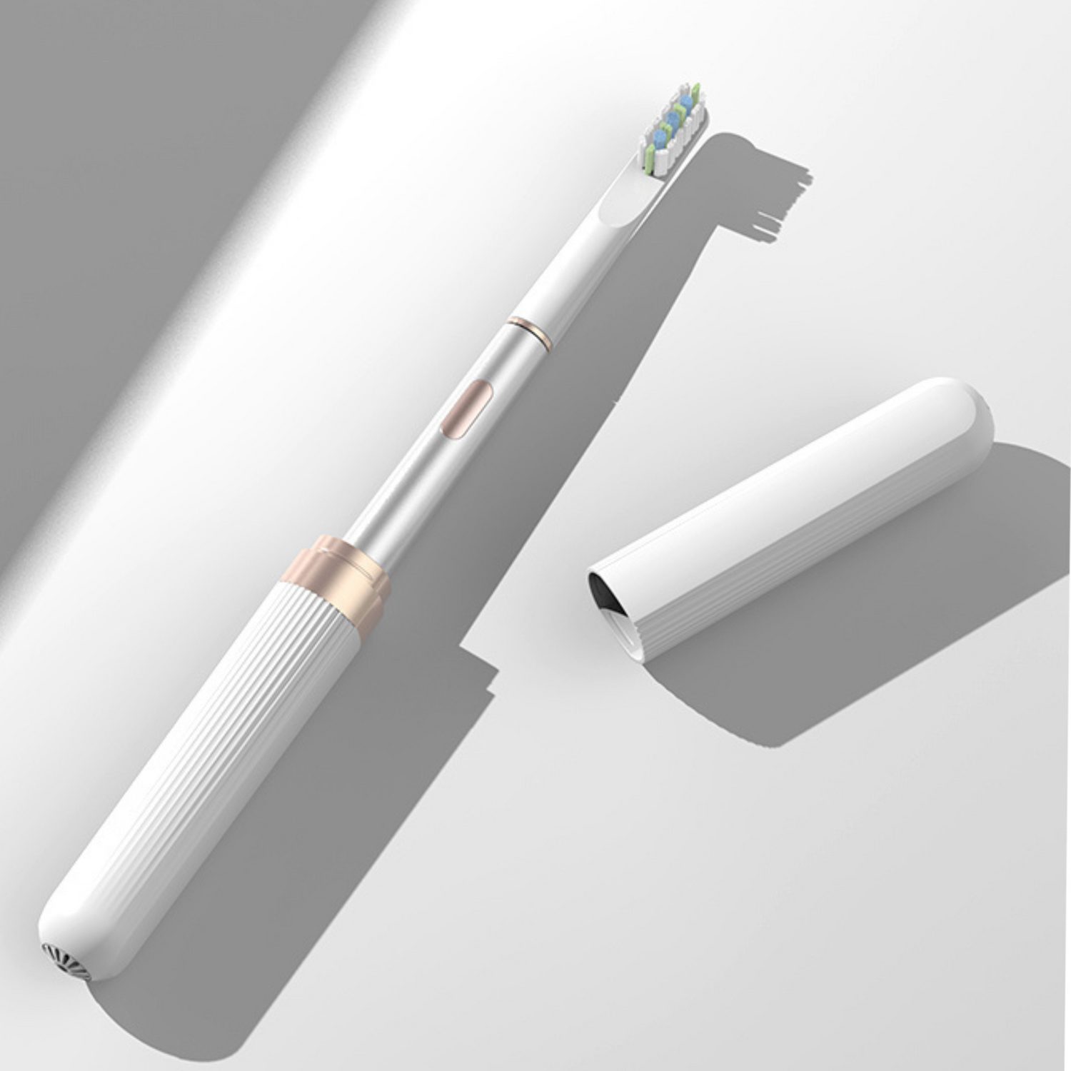 Silver Ultra Sonic Brush peeping into the sunlights from its sleek travel case